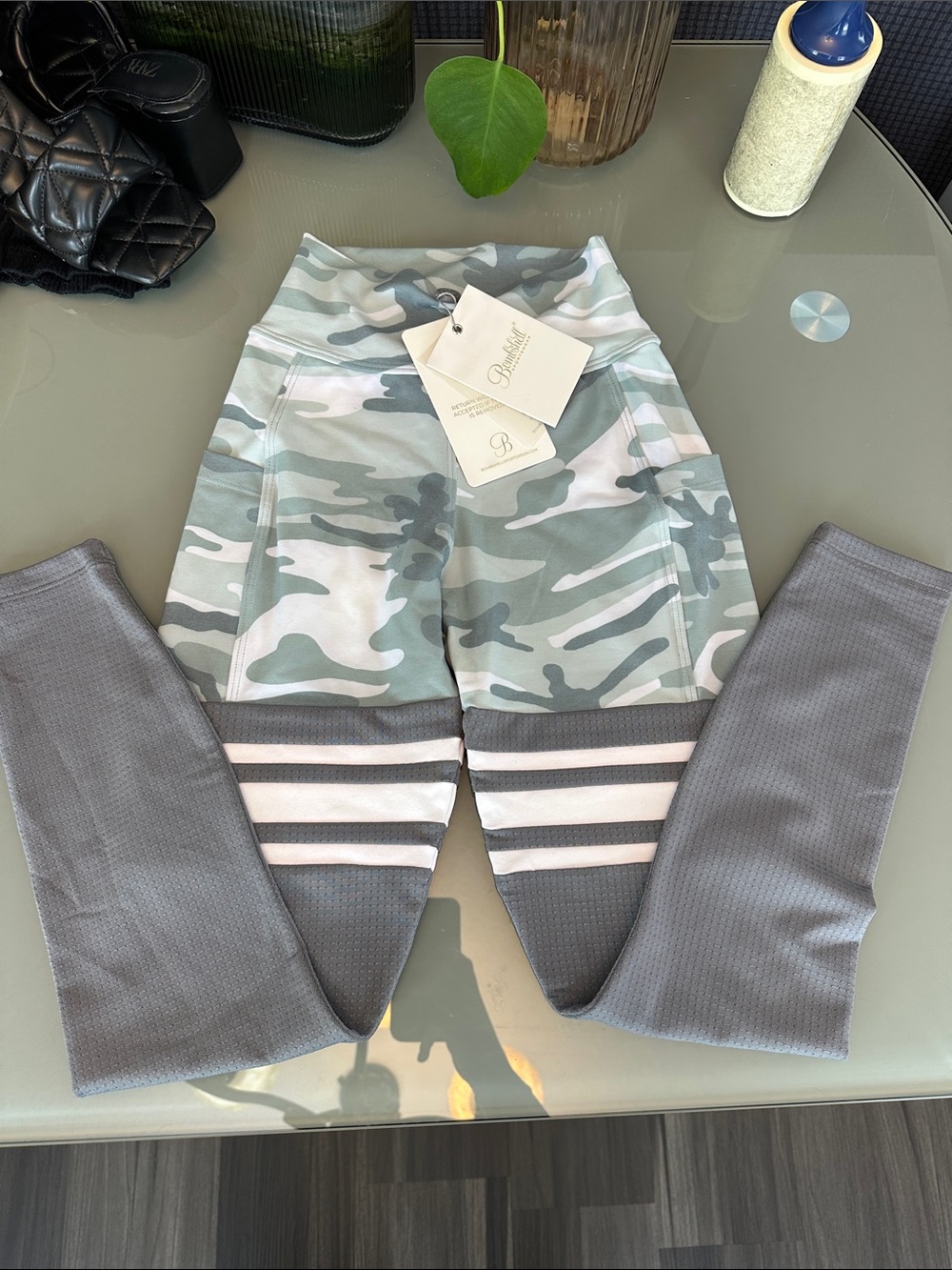 Bombshell Sportswear Gray & Green Camo Girls Leggings with White Stripes